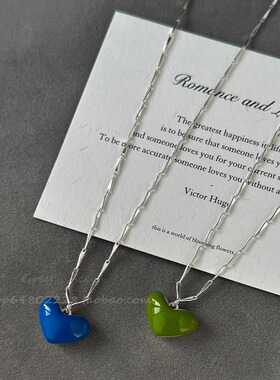 滴釉蓝色爱心项链韩系轻奢小众设计高级感锁骨链夏日多巴胺吊坠女