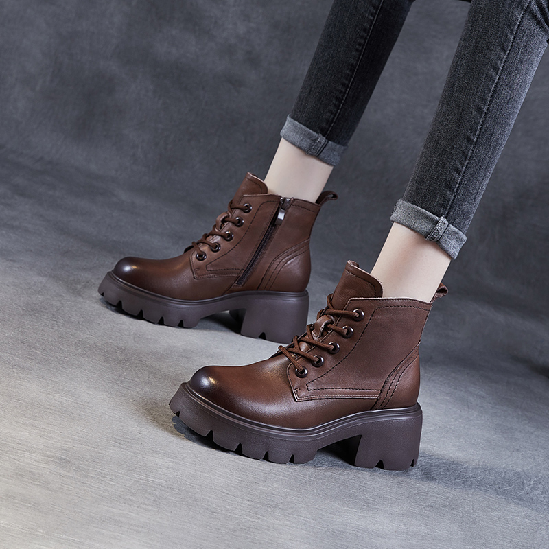 头层牛皮厚底秋冬季女加绒靴子粗跟小个子2024新款系带英伦风百搭 - 图0