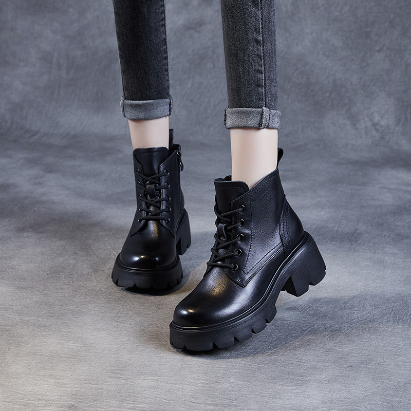 头层牛皮厚底秋冬季女加绒靴子粗跟小个子2024新款系带英伦风百搭 - 图3