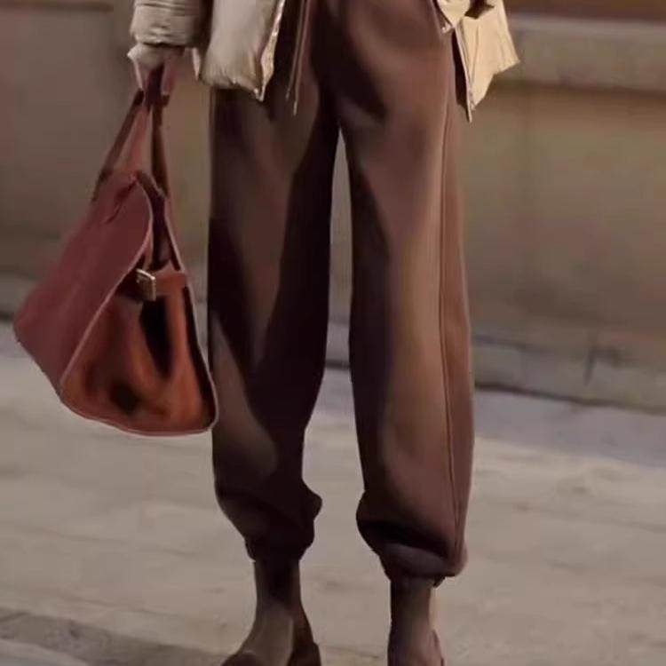 休闲裤女2024年冬季新款时尚加绒加厚松紧腰宽松高腰束脚遮肉长裤,淘宝优惠券,粉丝福利购,淘宝优惠卷