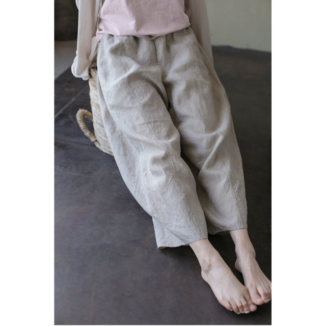 2026 commuting three-season high-count linen rain dew linen elastic waist loose nine-point pants casual carrot pants for women