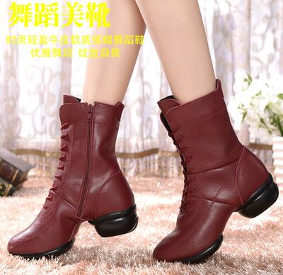 春夏透气真皮高帮广场舞蹈鞋女式成人软底中跟跳舞鞋水兵舞靴女 虎窝淘