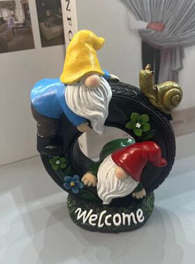 户外树脂轮胎welcome树脂工艺品花园无脸精灵小矮人摆件