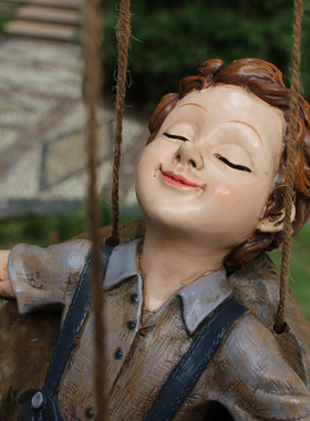 北欧人物造型摆件树脂卡通秋千男孩挂件创意庭院花园树装饰品吊件