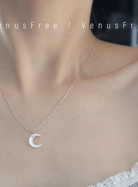 光泽高光925纯银超闪月光贝壳月亮闪钻锁骨项链简约精致日常银饰