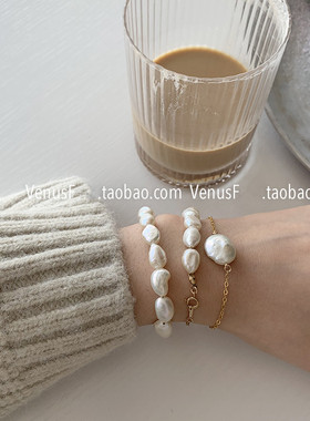 VF手作定制 3款选 含真金天然巴洛克美产14K注金手链欧美韩国简约