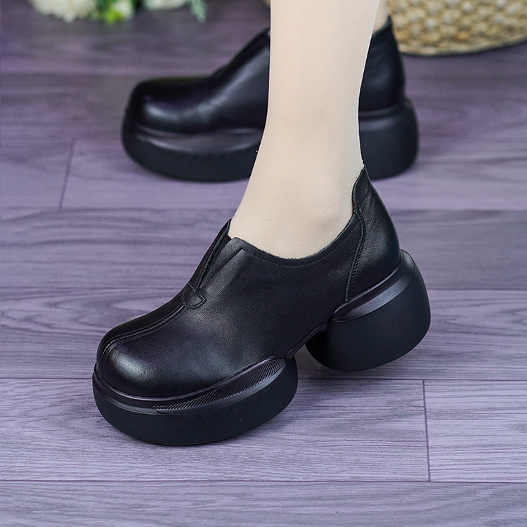 真皮松糕厚底深口单鞋女2026春季新款软面一脚蹬复古圆头妈妈皮鞋,淘宝优惠券,粉丝福利购,淘宝优惠卷