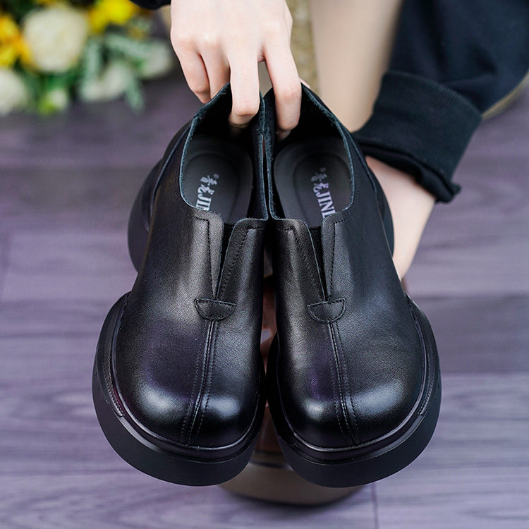 真皮松糕厚底深口单鞋女2026春季新款软面一脚蹬复古圆头妈妈皮鞋,淘宝优惠券,粉丝福利购,淘宝优惠卷