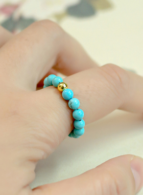 天然蓝松石珍珠戒指女白贝珠指环串珠简约小米珠大码尾戒叠戴文玩