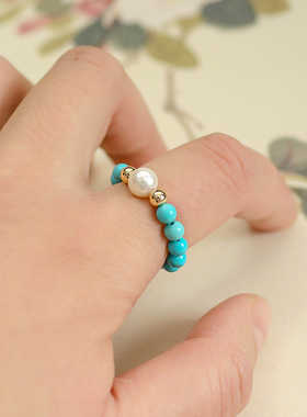 天然蓝松石珍珠戒指女