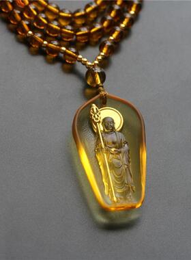 九华山南无地藏王菩萨吊坠站立鎏金琉璃佛光地藏王佛像 佛牌 挂件