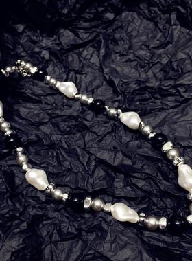 不规则方块仿珍珠黑色串珠项链