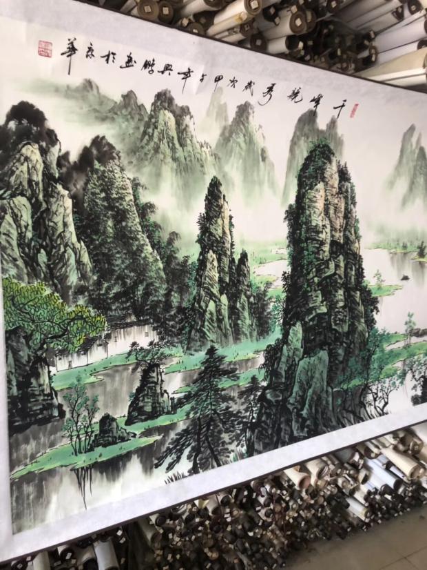 桂林漓江千峰竞秀国画万木春写意山水靠山字画客厅办公室装饰 - 图0