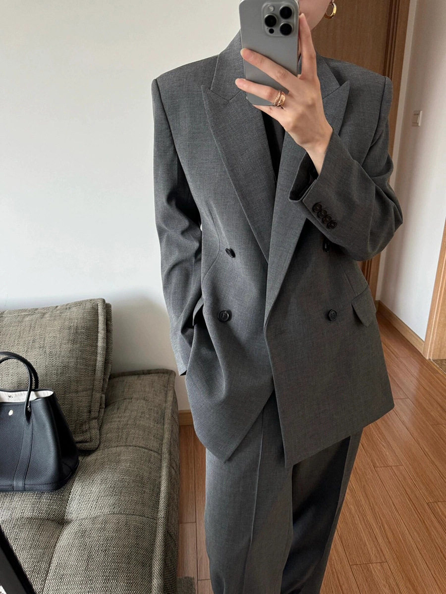 大码胖MM春秋新灰色时尚西装外套直筒裤子职业宽松西服两件套装女,淘宝优惠券,粉丝福利购,淘宝优惠卷