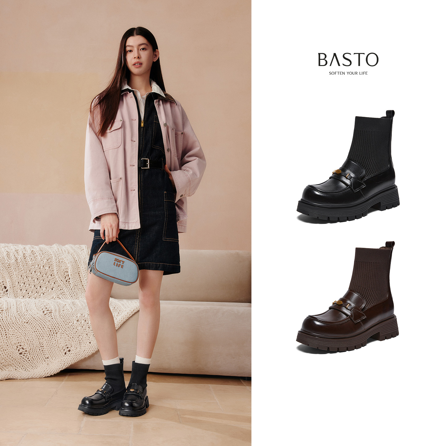 百思图2025冬新款英伦风乐福鞋袜靴弹力瘦瘦靴粗跟女短靴BP521DZ5 - 图3
