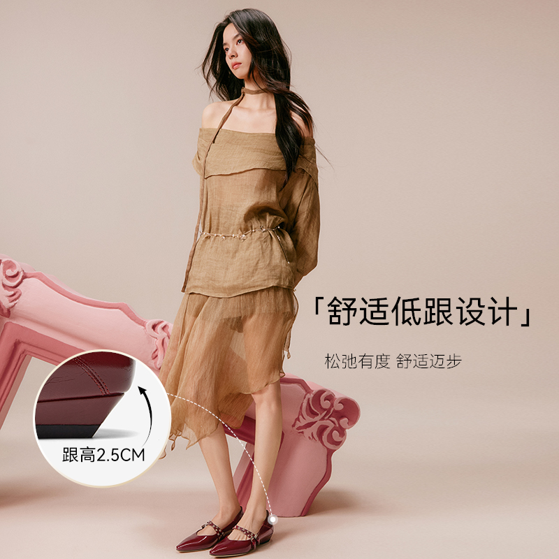 百思图2025秋季新款玛丽珍鞋法式尖头低跟红色浅口女单鞋A3191CQ5 - 图2