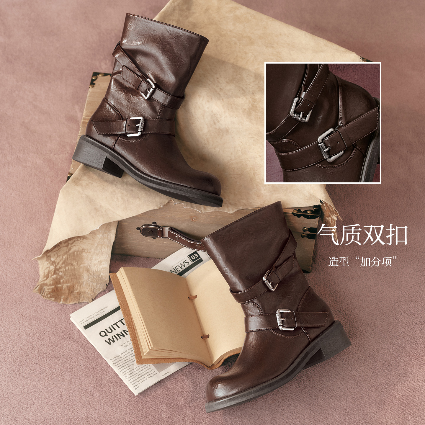百思图2025冬季新款潮酷通勤扣带圆头粗跟短靴棕色女靴B8606DZ5 - 图1