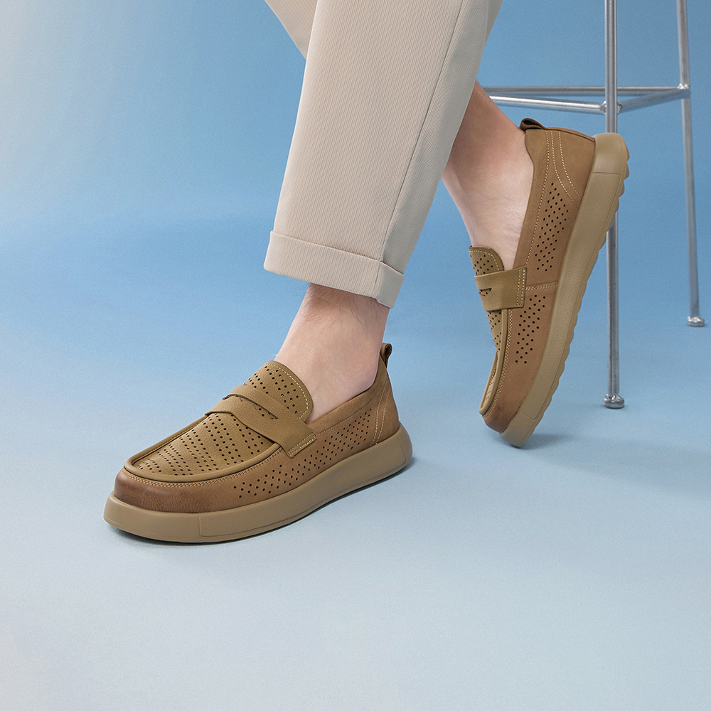 Bestu 2025 summer mall new style perforated breathable color-brushed loafers thick-soled men's casual leather shoes 58855BM5