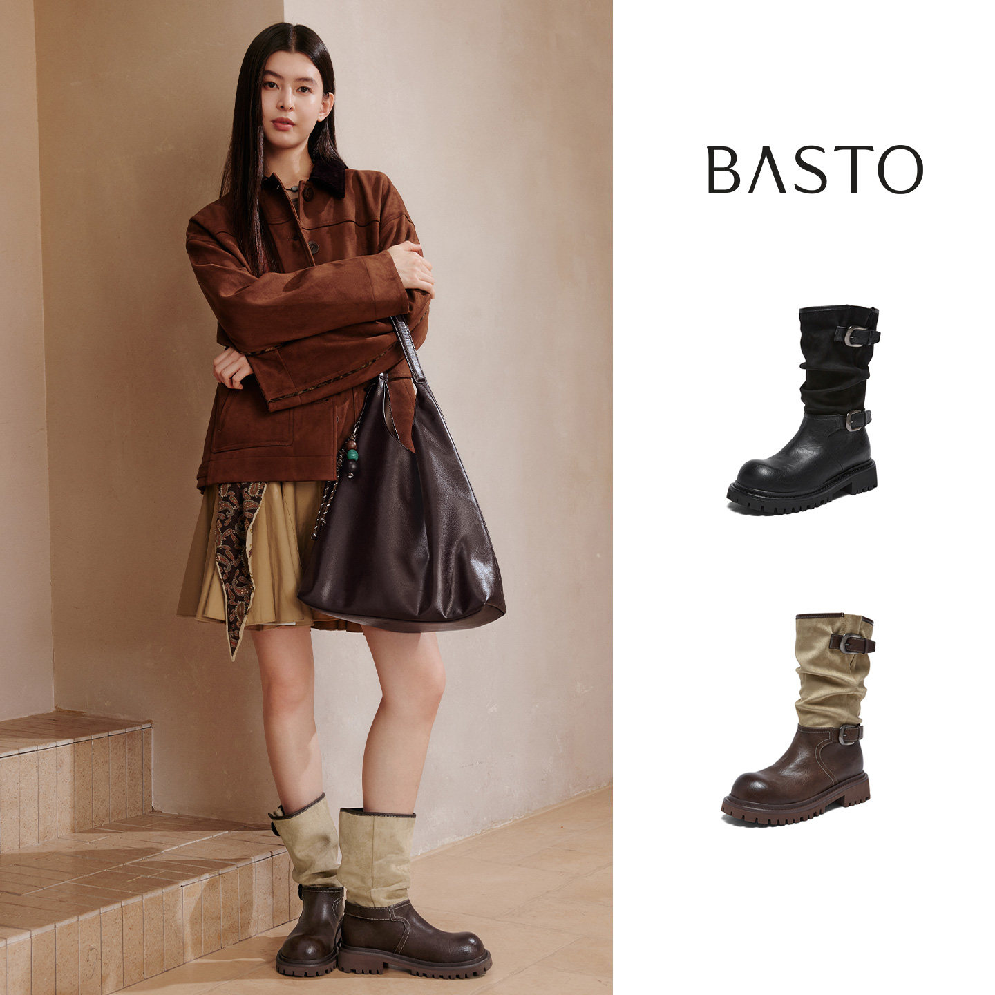 百思图2025冬季新款厚底堆堆靴西部靴短筒骑士靴女中筒靴BP996DZ5,淘宝优惠券,粉丝福利购,淘宝优惠卷