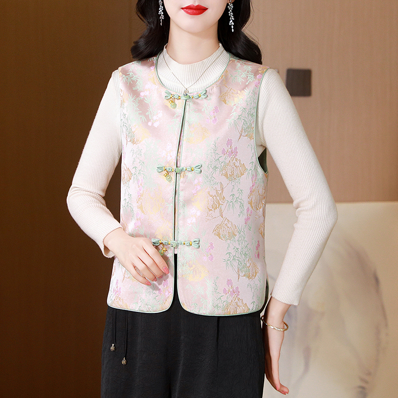 新中式提花时尚宋锦马甲女2025春秋新款国风盘扣无袖马夹坎肩外套 - 图0