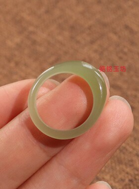 和田玉冰底湖水绿馒头戒14号