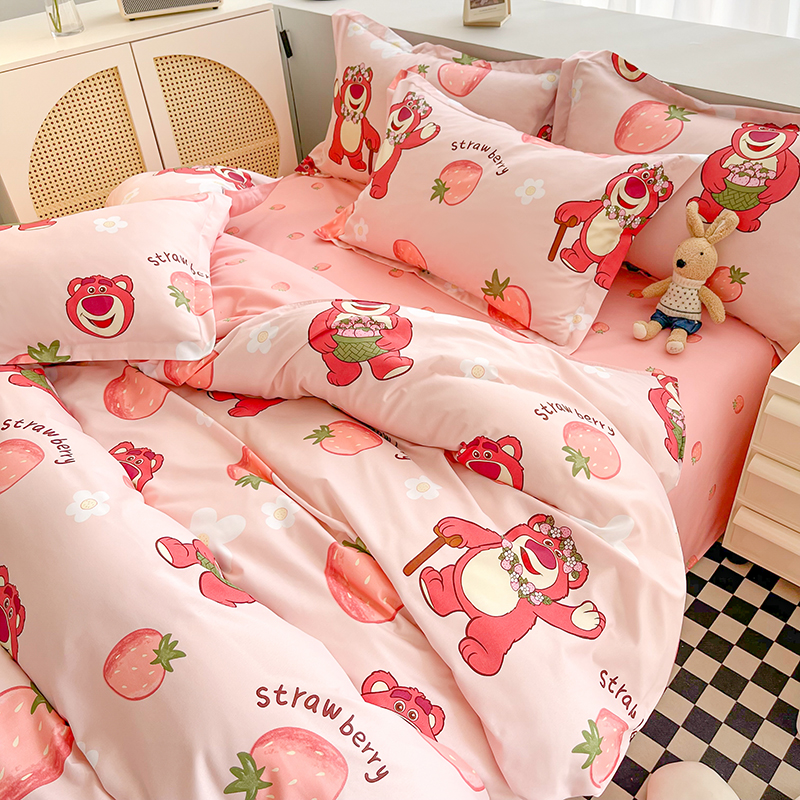 迪士尼草莓熊磨毛床上四件套冬季儿童卡通床单被套学生宿舍三件套-图1