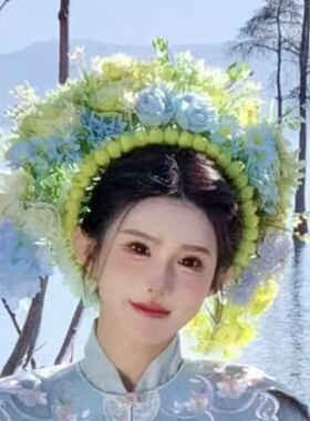簪花围黑色汉服头花头饰簪花发饰民族风仿真花发箍旅游景区浔埔女