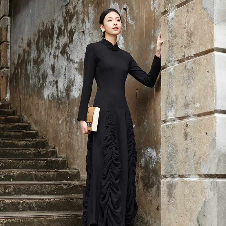 此岸歌声*原创设计店-黑色春秋款下摆抽绉改良旗袍裙  慢行巴黎 - 图2