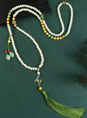 新中式红色朱砂长款斜挎链女檀木流苏毛衣链国风项链古风旗袍配饰