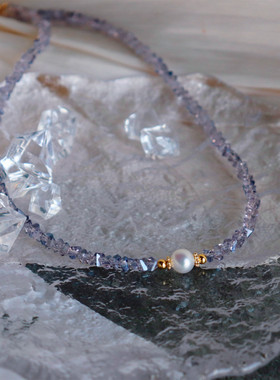 原创韩国气质简约紫色多棱光吉普赛神秘紫水晶淡水珍珠项链锁骨链