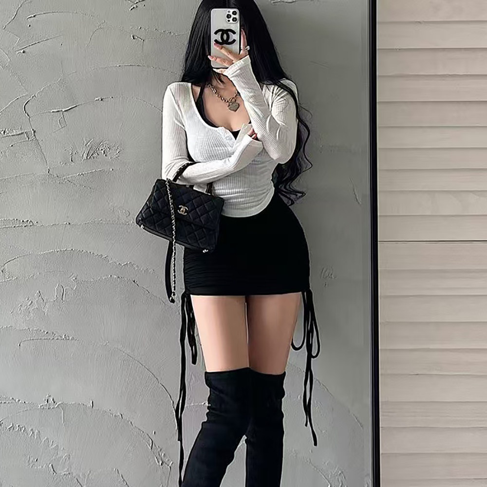 胖mm特大码300斤性感抽绳褶皱挂颈包臀裙辣妹纯欲长袖T恤两件套装,淘宝优惠券,粉丝福利购,淘宝优惠卷