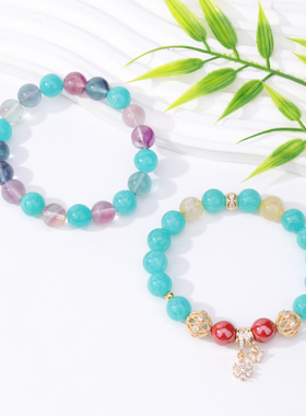 天然天河石朱砂花球彩莹石手串