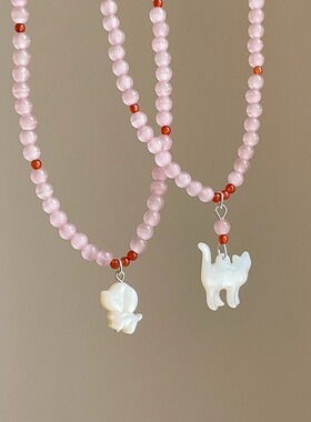 少女的猫粉白猫咪串珠锁骨链