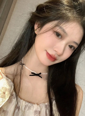轻奢小众甜美丝绒蝴蝶结珍珠锁骨