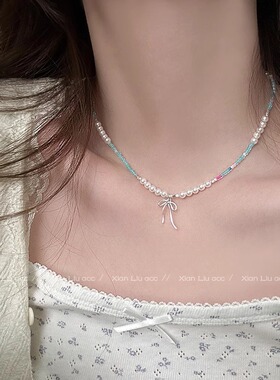 多巴胺彩色珍珠蝴蝶结锁骨链