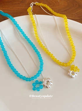 多巴胺甜美串珠花朵双层锁骨链