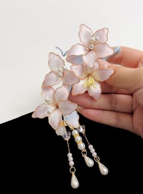 非遗绒花樱粉冰青流苏发夹