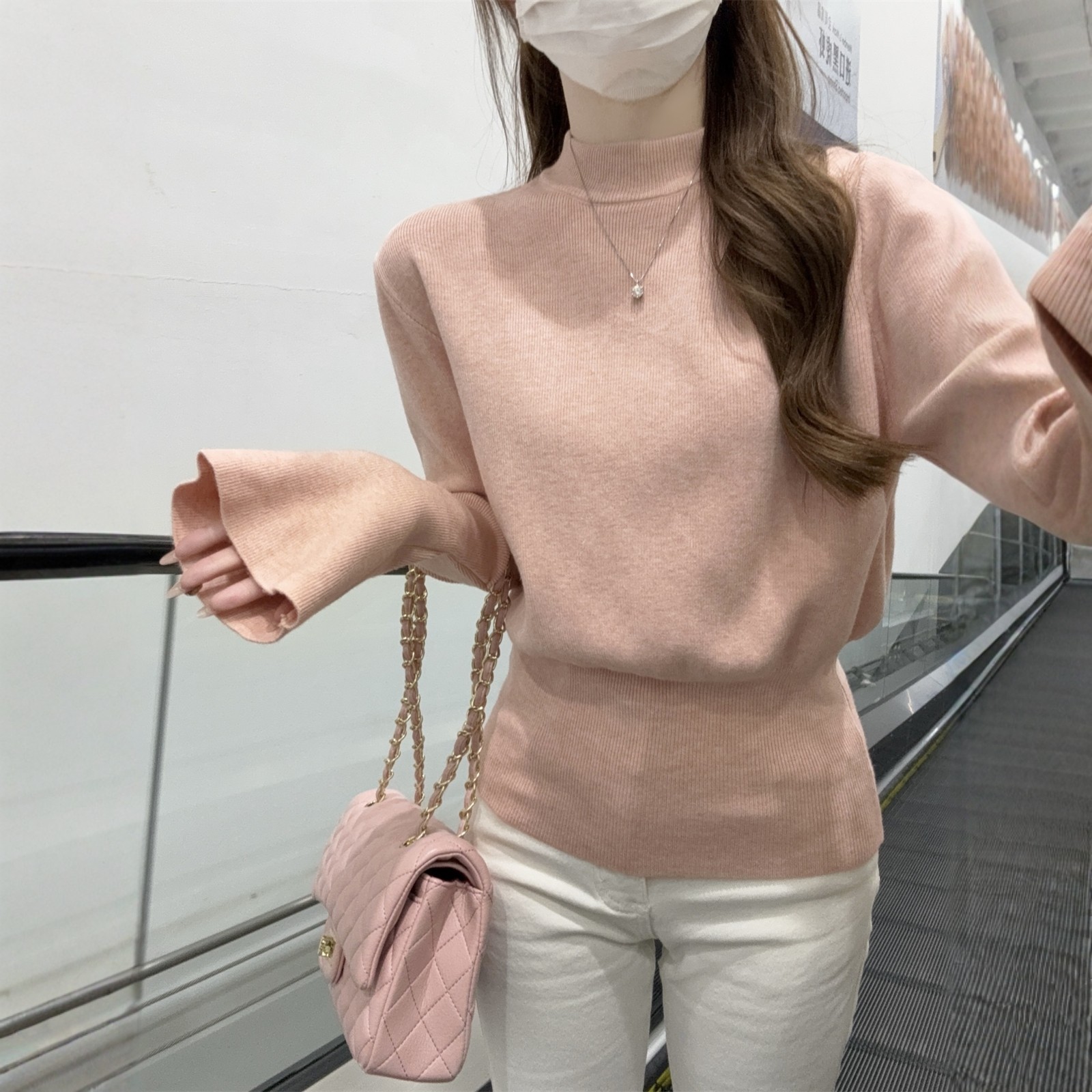 甜美风粉色半高领针织衫女喇叭袖修身内搭毛衣女打底衫春秋季上衣,淘宝优惠券,粉丝福利购,淘宝优惠卷