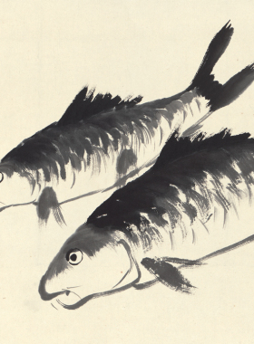 齐白石 英鱼虾欢戏图 仿古画复制品花鸟画名人字画玄关书房装饰画