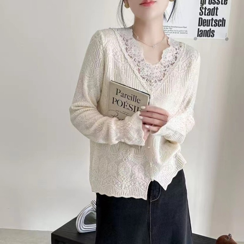 欧洲站高端法式羊毛蕾丝打底衫秋冬新款下摆开叉白色毛衣气质女款,淘宝优惠券,粉丝福利购,淘宝优惠卷