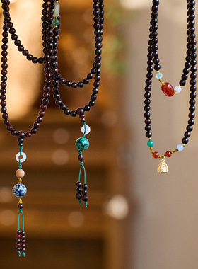 文创设计天然小叶紫檀饰品编织大漆珠莲花女手链108颗念珠手串