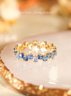 糖果系柔蓝戒指 彩虹系列镀18K金镶嵌彩色蓝宝石女轻奢排戒尾戒