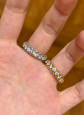 vintage蕾丝圆钻排戒女中古风小众轻奢百搭镂空镀金排钻开口戒指