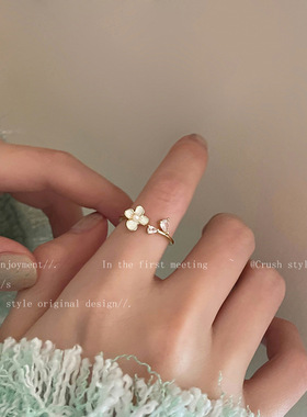 滴釉花朵珍珠锆石戒指女气质开口可调节食指戒小众设计感高级指环
