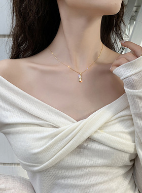 新款竹节吊坠钛钢项链欧美女轻奢风锁骨链百搭小众猫眼石饰品 ins