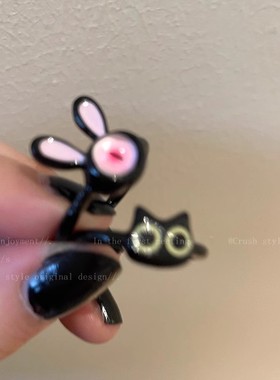 搞怪黑色小猫咪开口戒指女款小众设计情侣闺蜜食指戒气质装饰指环