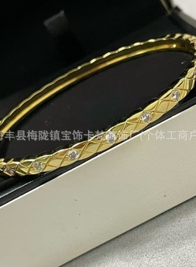 V金镀咪金 间钻菱形cnc精雕手镯 可单戴叠戴百搭气质手镯