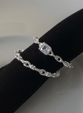 s925纯银方钻素戒女ins冷淡风简约镂空链条戒指ins高级感开口指环