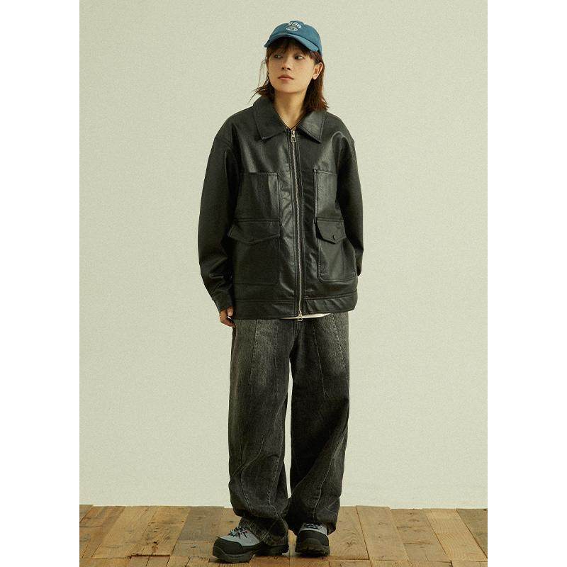 GoodNorth日系复古翻领外套中性男女同款皮夹克宽松帅气皮衣上衣,淘宝优惠券,粉丝福利购,淘宝优惠卷