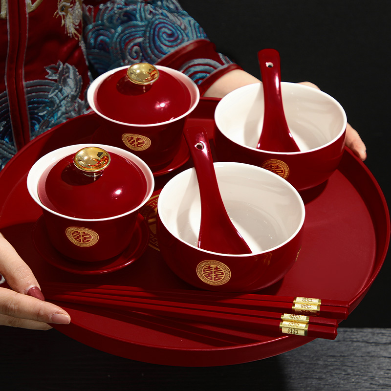 敬茶杯结婚碗筷套装新人陪嫁改口红色喜碗对碗敬酒婚礼用品大全 - 图0